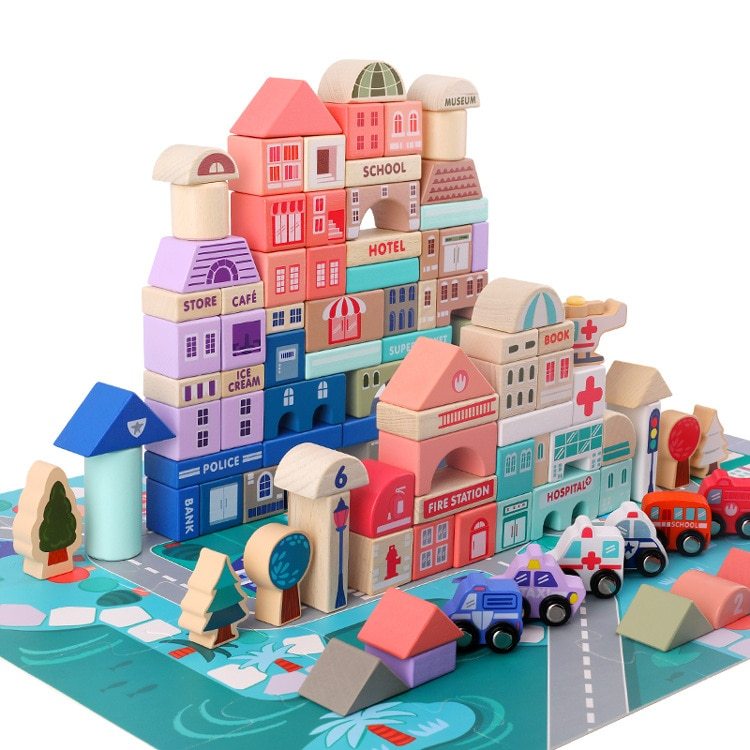 A colorful 3D puzzle of a small town, featuring InvenToy's Large Montessori Wooden Building Blocks like a hospital, school, and store painted with environmentally friendly paint, along with miniature vehicles like cars and a fire engine on a street grid mat.