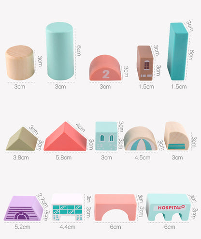 Image featuring a variety of different shaped Large Montessori Wooden Building Blocks, each labeled with dimensions and some with illustrations like a house or hospital, arranged neatly against a light background. Brand Name: InvenToy