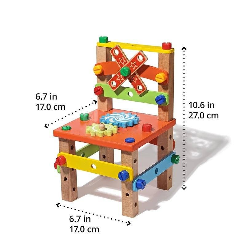Colorful wooden InvenToy Montessori DIY Fun Chair for children with various games on each side, including beads and a tic-tac-toe game, with dimensions marked on a white background.