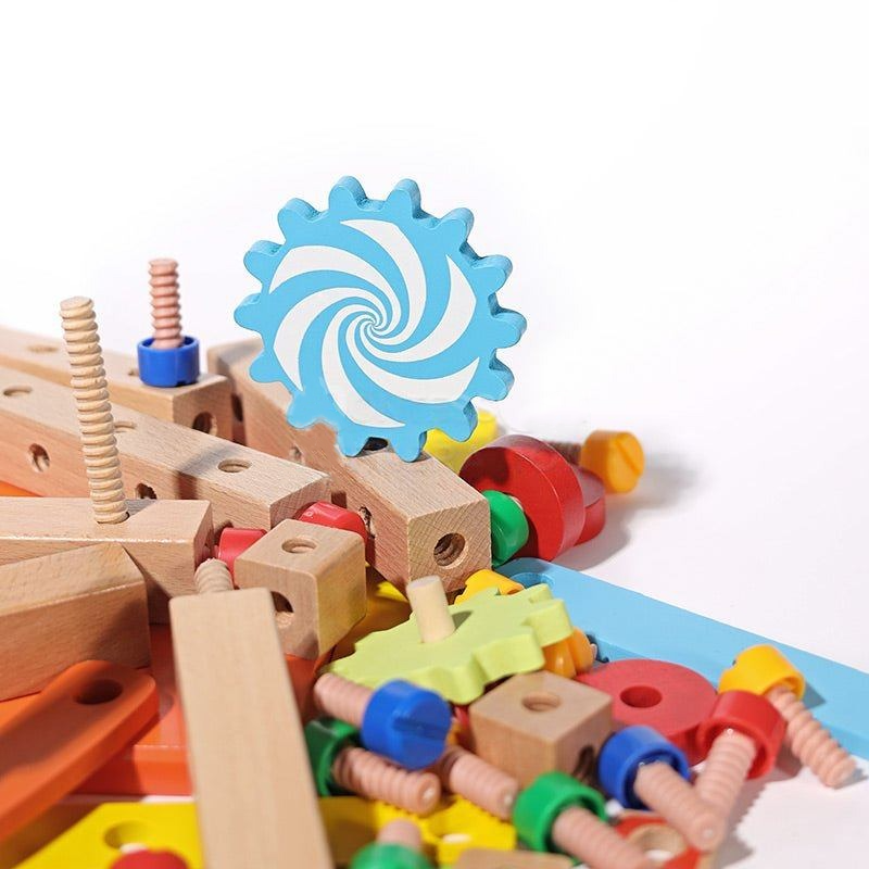Colorful InvenToy Montessori DIY Fun Chair wooden toys including gears, blocks, and screws scattered on a white surface, with a large blue gear prominently displayed.