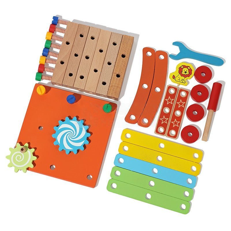 A colorful wooden Montessori DIY Fun Chair set from InvenToy, featuring an orange board with gears, a multicolored abacus, various shaped blocks, and tools like a hammer and wrench, arranged on a white background.