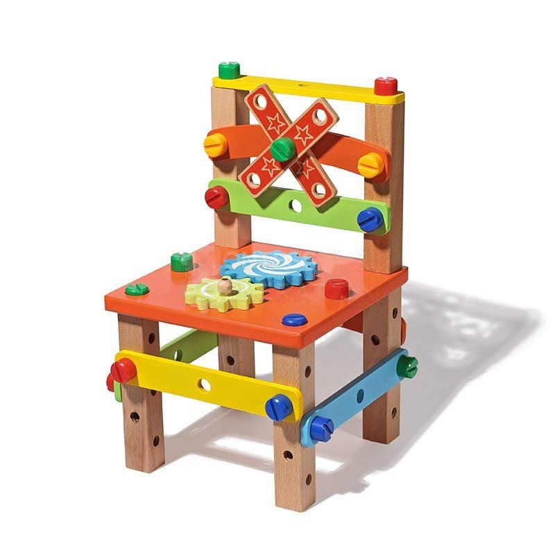 A colorful wooden InvenToy Montessori DIY Fun Chair for toddlers, featuring beads on curved metal tracks, gears, and shaped blocks on a white background.