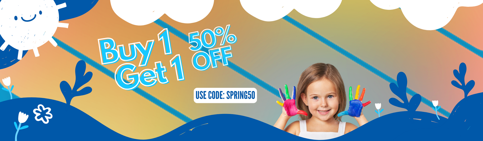 Colorful promotional banner featuring a young girl smiling, holding paint-covered hands up, with a "buy 1 get 1 50% off" offer on Montessori toys, clouds, and