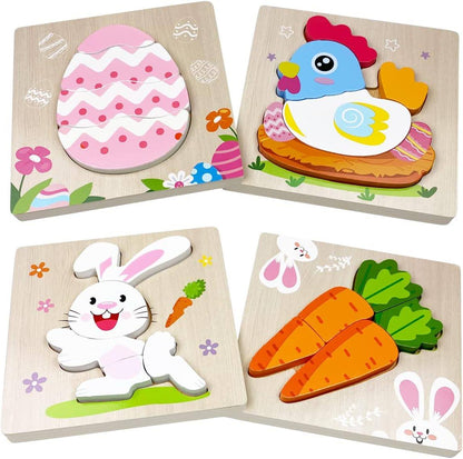 Four InvenToy Montessori Easter Wooden Puzzles (4 Pack) designed for children, each with colorful Easter and spring themes: a pink decorated egg, a bird on a nest, a white bunny with a carrot, and carrots.