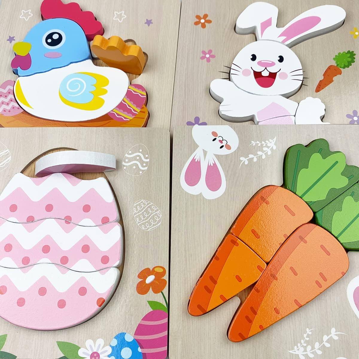 Colorful Montessori Easter Wooden Puzzles (4 Pack) and decorations, including a blue bird, a white bunny, a pink patterned egg, and a carrot, arranged on a wooden surface with floral accents by InvenToy.
