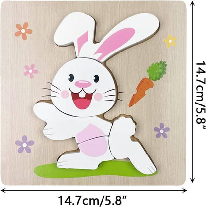 A Montessori Easter Wooden Puzzles (4 Pack) from InvenToy depicting a joyful cartoon bunny with pink and white colors, holding a carrot, surrounded by small colorful flowers, with dimensions displayed on the bottom.