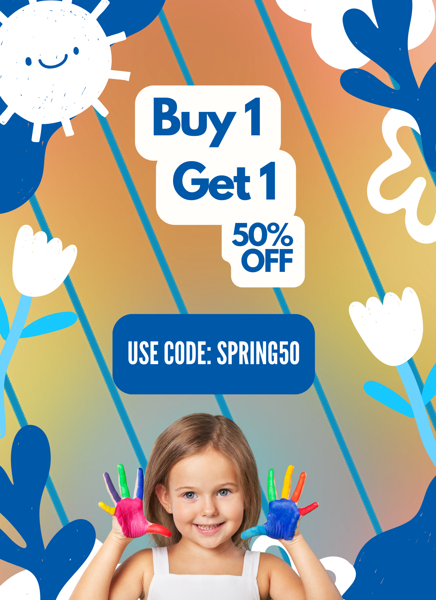 A cheerful young girl with colorful paint on her hands smiles in front of a promotional poster for montessori toys for 2 year olds that reads "buy 1 get 1 50% off