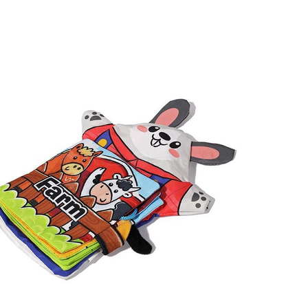Colorful children's Montessori Baby Cloth Book with a plush rabbit cover, featuring a farm theme and cartoon animals, isolated on a white background.