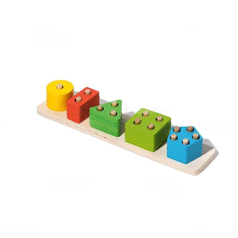 InvenToy's Montessori Building Blocks set with colorful geometric shapes, each with holes filled with wooden pegs, arranged in ascending order on a rectangular base against a white background.