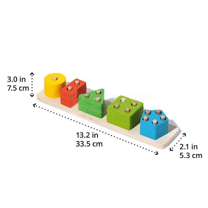 Colorful wooden Montessori Building Blocks by InvenToy in different shapes with holes for pegs on a base, each labeled with dimensions in inches and centimeters.