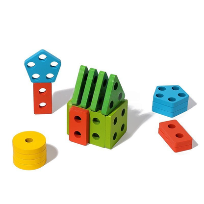 Colorful wooden InvenToy Montessori Building Blocks in various shapes and colors, including red, blue, green, and yellow, scattered on a white background.