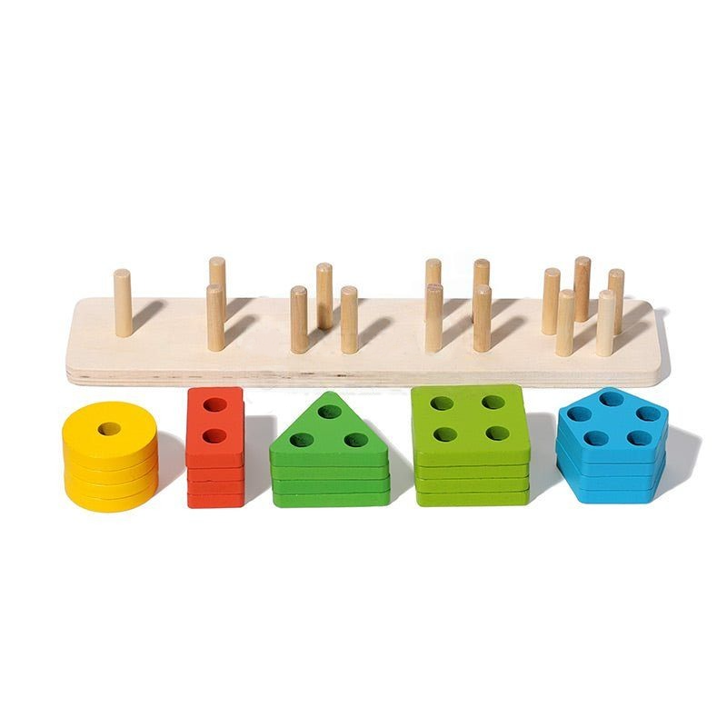 A wooden InvenToy Montessori Building Blocks toy with pegs and colorful blocks in yellow, red, green, and blue arranged next to it, on a white background.