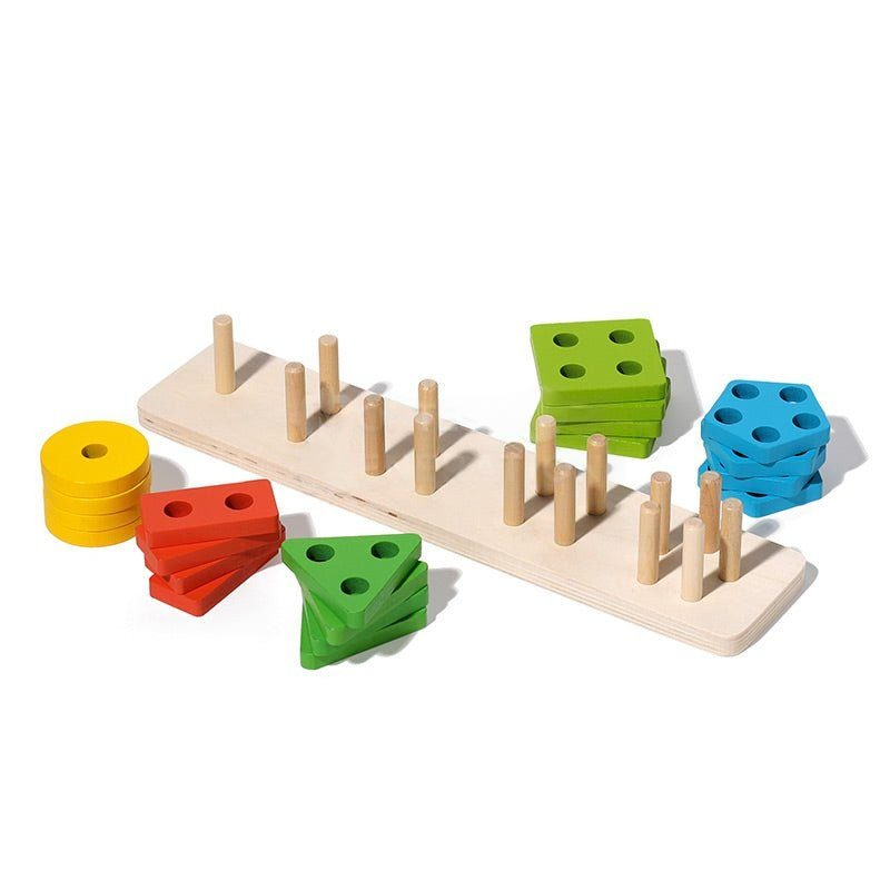 Wooden base with rods and colorful InvenToy Montessori Building Blocks for sorting and stacking, including blue, green, red, and yellow pieces on a white background.