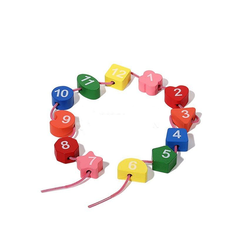 Colorful Montessori Penguin's Clock number blocks from 1 to 12 arranged in a circular shape with two ends of a string coming out of the blocks, isolated on a white background.