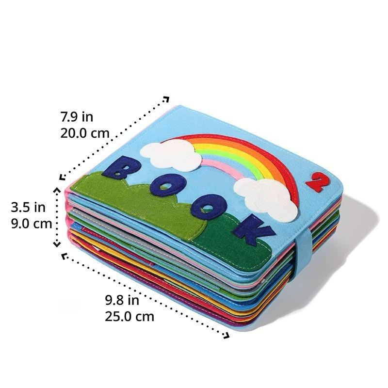 A colorful InvenToy Montessori Story Book with dimensions labeled, featuring a rainbow, clouds, and the word "book" on the cover, against a white background.