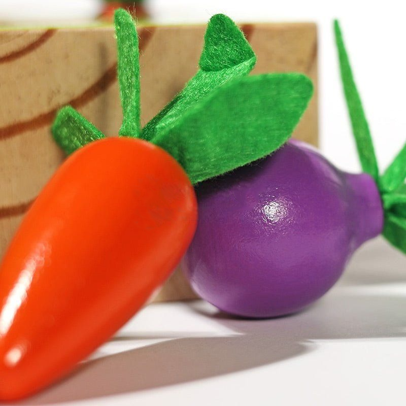 Close-up of vibrant InvenToy Montessori Vegetable Set with a red carrot and purple beet, both featuring green tops, against a blurred background.