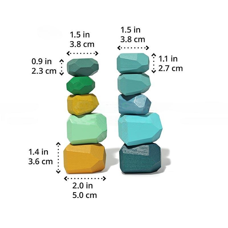 Illustration of a stack of colorful, irregularly shaped InvenToy Montessori Wooden Stones (21 Pieces) with their dimensions in inches and centimeters labeled next to each stone.