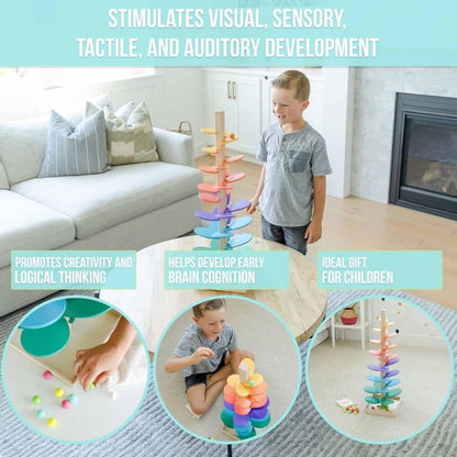 Promotional image showcasing children playing with InvenToy's Montessori Rainbow Tree for 3-year-olds in a bright living room. The text highlights benefits such as stimulating development and promoting creativity.