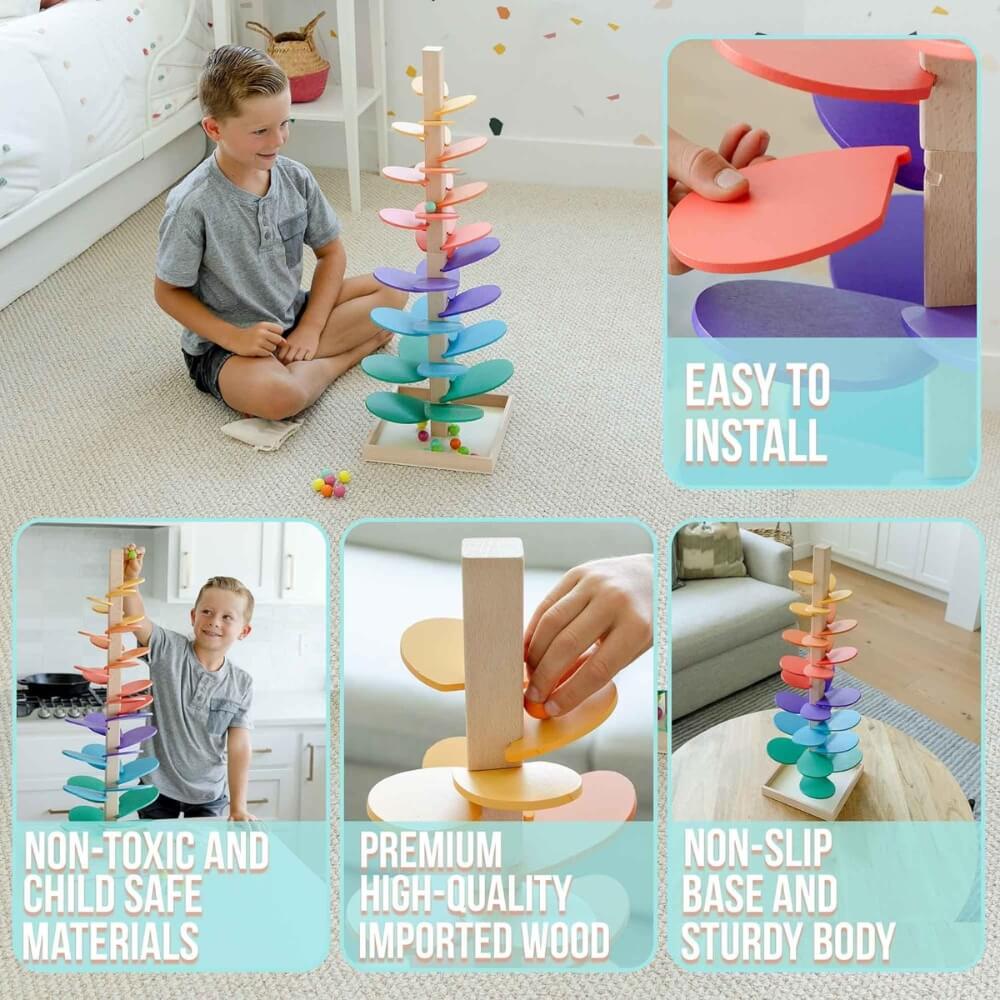 A collage of images showcasing the InvenToy Montessori Rainbow Tree and a young boy playing with it. Includes close-ups of the toy's assembly, highlighting its non-toxic materials, quality wood, and stable design. Text