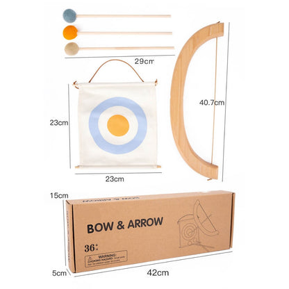 The Montessori Bow and Arrow Set by InvenToy is crafted from eco-friendly wood with precise measurements. The set includes a wooden bow (40.7 cm), three foam-tipped arrows (29 cm each), a target (23 cm by 23 cm), and a storage box (42 cm by 15 cm by 5 cm). Ideal for ages 36 months and older, it's perfect for developing hand-eye coordination.