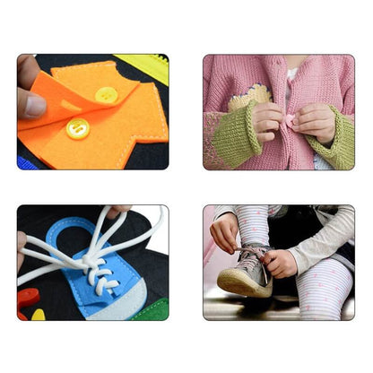 Collage of four images showcasing children learning essential skills with InvenToy's Montessori Dino Busy Board: sewing a button on fabric, buttoning a jacket, lacing shoes, and tying shoelaces.