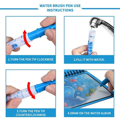 A four-step instructional image for using a water brush pen, including turning the pen tip, filling with water, closing the tip, and drawing on a InvenToy's Montessori Magic Reusable Book.