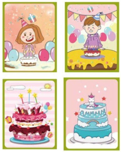 Four illustrated panels depicting birthday celebrations: two show girls with cakes and party hats, and two feature elaborately decorated InvenToy Montessori Magic Reusable Books, one with a unicorn topper.