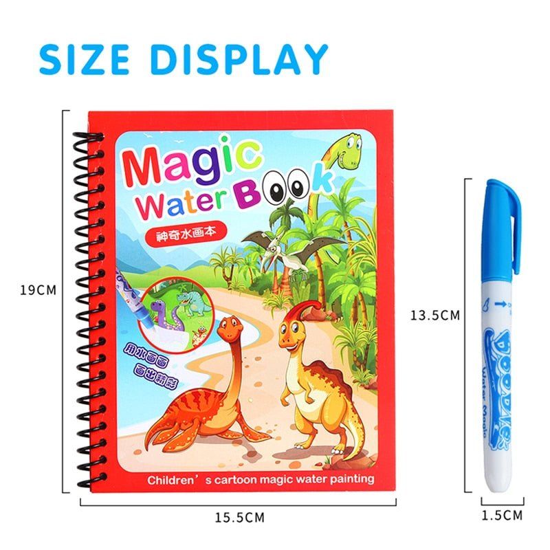 A "Montessori Magic Reusable Book" with illustrations of dinosaurs in a jungle on the cover, next to a blue water pen. The book and pen dimensions are displayed: 19 cm tall by 15.