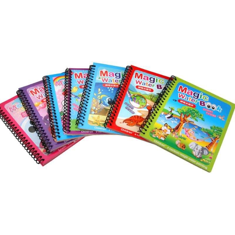 A collection of colorful InvenToy Montessori Magic Reusable Books with spiral bindings, featuring various vibrant cover illustrations including animals and outdoor scenes.