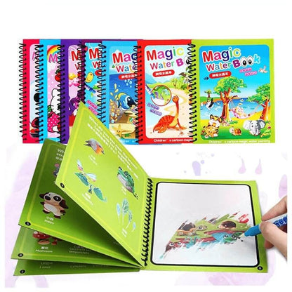 A collection of colorful "InvenToy Montessori Magic Reusable Books" with reusable pages for water painting, displayed open and closed, with a child's hand using a water pen on one page.
