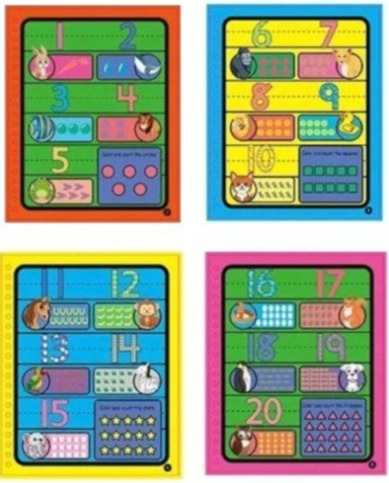 Colorful Montessori Magic Reusable Books with numbers 1-20, each featuring animal illustrations and various shapes, designed for young children to learn counting and basic math by InvenToy.