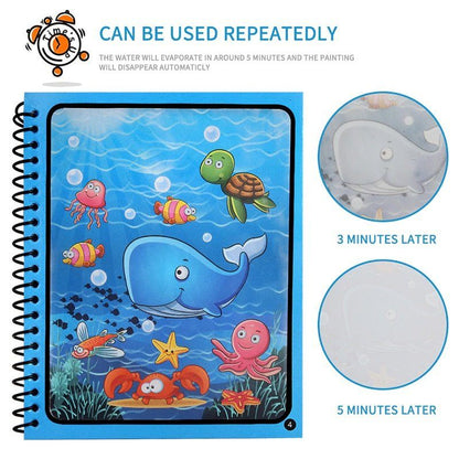 An image of an InvenToy Montessori Magic Reusable Book featuring an underwater scene with a whale, turtle, fish, and octopus. Insets show the page at 3 and 5 minutes.