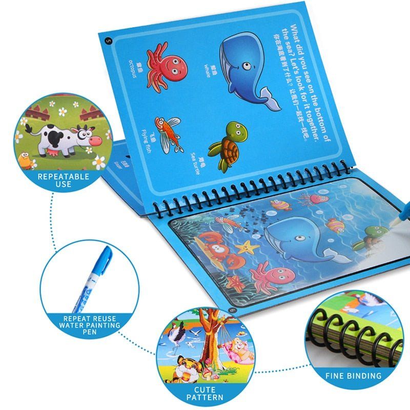 A Montessori Magic Reusable Book for children, opened to a page with underwater animal illustrations. Includes a water pen and labeled features like "fine binding" and "cute pattern." Designed as an InvenToy产品.