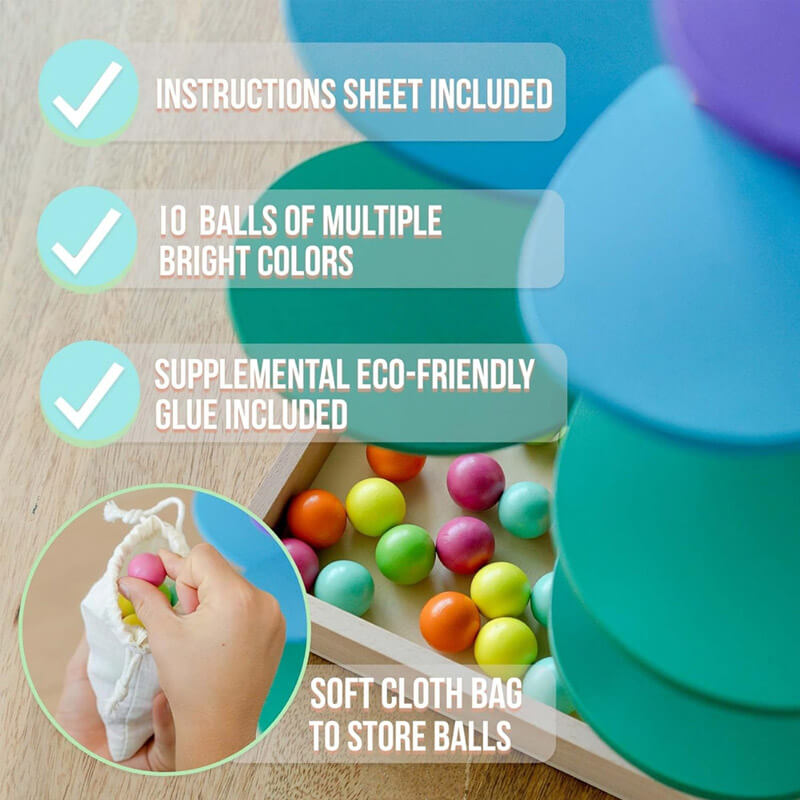 A promotional image for the InvenToy Montessori Rainbow Tree children's toy set, featuring multiple colorful balls and a soft cloth storage bag. Includes features like an instruction sheet and an eco-friendly glue, perfect for Montessori baby toys.