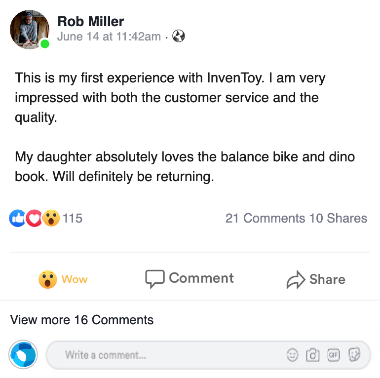 A screenshot of a Facebook post by a user named Rob Mower dated June 14 at 11:42 AM. It shows a profile photo of a man, a text review praising InventorToy