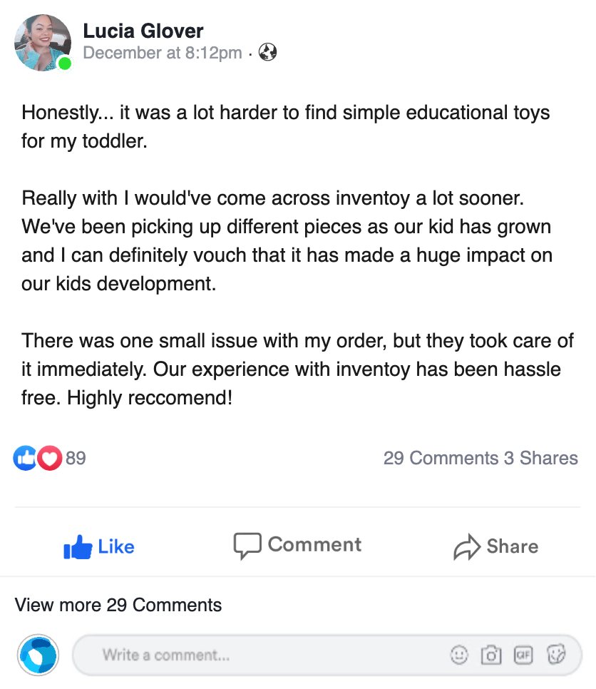 A screenshot of a Facebook post by Lucia Glover, praising a Montessori toy's impact on her 3-year-old's development, recommending the product, with likes, comments, and shares visible.